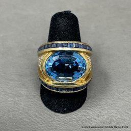 Charles Krypell 18k Yellow Gold Blue Topaz Sapphire & Diamond Ring 23 Grams