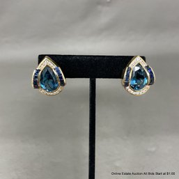 Charles Krypell 14k Yellow Gold Blue Topaz, Sapphire & Diamond Earrings 18 Grams