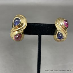 14K Yellow Gold Pink Tourmaline & Amethyst Earrings 22 Grams