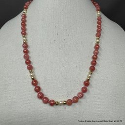 18k Yellow Gold, Red Strawberry Quartz & Pearl Necklace 64 Grams