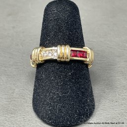 Yellow Gold-Plated Fashion Ring With Red And White Imitation Stones