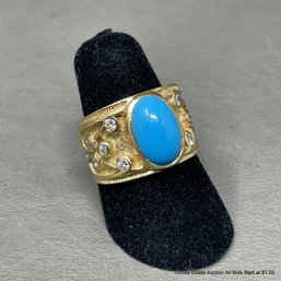 18k Yellow Gold Diamond And Natural Untreated Turquoise Stone Ring 9 Grams