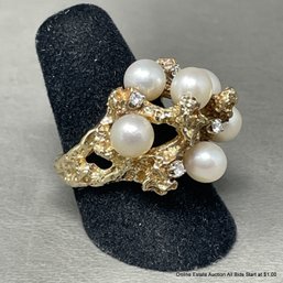 14K Yellow Gold, Diamond & Pearl Organic Form Size 6.5 Custom Ring 12 Grams