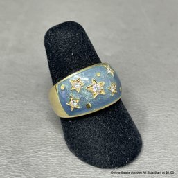 18K Yellow Gold, Diamond And Enamel Star Dome Ring 10 Grams