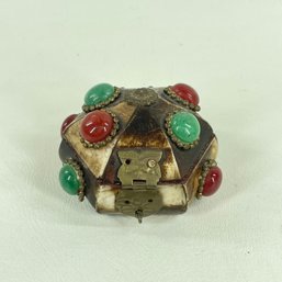 Vintage Pieced Horn Or Antler Small Trinket Box With Gemstone Embellishments