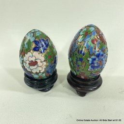 Pair Of Cloisonne Eggs With Wood Pedestals