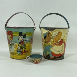 Vintage Mickey Mouse, Fern Bisel Peat Sand Pails & Cup