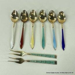 8 Small Gold Washed And Enameled Sterling Spoons And Forks