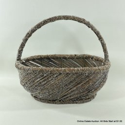 Beaded Twig Basket On Wire Frame With Handle