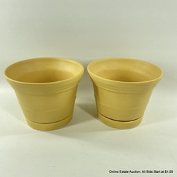 Two Yellow Ceramic 6' Planters With Drainage Holders And Built-in Saucers By Over And Back