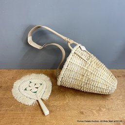 Woven Basket With Leather Shoulder Strap Made In The Philippines And Grass Hand Fan (LOCAL PICK UP ONLY)