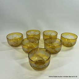 7 Antique Bohemian Finger Bowls Amber Cut Floral Designs