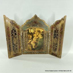 Folding Table Icon With Carved Designs, Gilt Paint And Lithograph Display