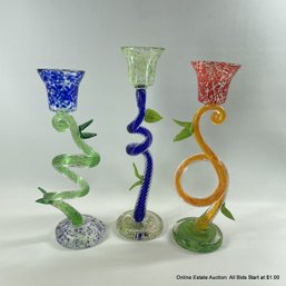 3 Art Glass Flower Candlesticks 2 Signed Beth Fishman (local Pickup Only)