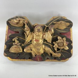 Chinese Gilt And Lacquered Wall Panel Having Hand-Carved Figural, Floral, Cloud And Bat Designs