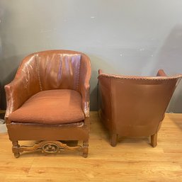 Pair Of Vintage Leather Club Chairs With Brass Tack Details (LOCAL PICKUP ONLY)