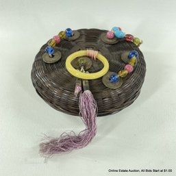 Woven Natural Fiber Lidded Trinket Basket With Glass Bed And Chinese Coin Accents