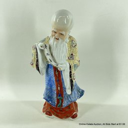 Contemporary Chinese Hand-Painted Porcelain Standing Sage Statue With Scroll