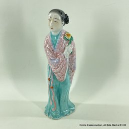 Contemporary Chinese Hand-Painted Porcelain Standing Statue With Flower