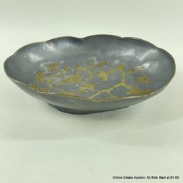 Chinese Lobed Metal Pedestal Dish With Gilt Avian Designs