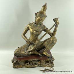 Cast Patinated Bronze Gilt Seated Thai Musician Statue On Plinth Base (LOCAL PICK UP OR UPS STORE SHIP ONLY)