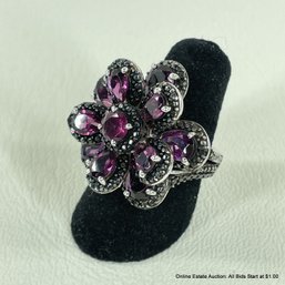 Sterling Silver & Amethyst Flower Ring Size 5 Total Weight 12 Grams