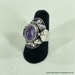 Mexican Sterling Silver & Amethyst Adjustable Ring Total Weight 7 Grams