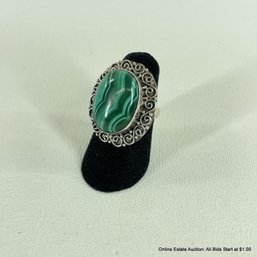 Sterling Silver &  Malachite Ring Size 4 Total Weight 8 Grams