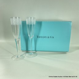 Pair Of Tiffany & Co Crystal Millennial Celebration Champagne Flutes With Box