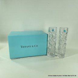 Pair Of Tiffany & Co Rock Cut Crystal Tall Vases In Original Box