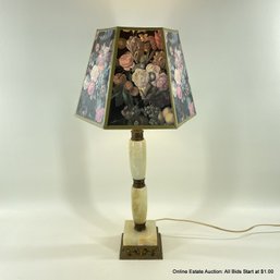 Stone And Metal Table Lamp With Floral Shade