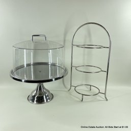 Large Cake Plate With Plastic Cover Made In The USA And An 3 Tier Plate Stand (LOCAL PICK UP ONLY)