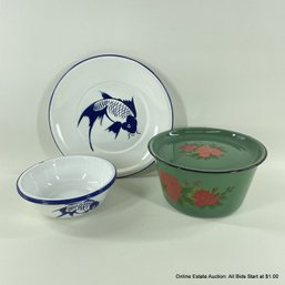 Vintage Enamelware 2 Bowls, Plate And Lidded Dish With Floral Motif