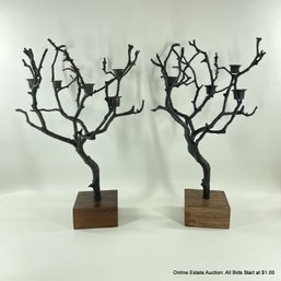 Pair Of  Metal Tree Form Candelabra With Wood Bases By Roost (LOCAL PICKUP OR UPS STORE SHIP ONLY)