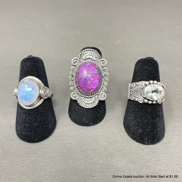 3  Sterling Silver Purple Mojave Turquoise, Aqua & Glass Stone Rings Size 5 Total Weight 18 Grams