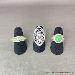 3 Sterling Silver Opal Jadeite & Mystic Topaz Rings Size 5 Total Weight 13 Grams