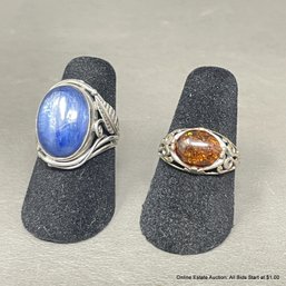 2 Sterling Silver Amber & Blue Stone Fashion Rings Size 4.5 & 5.5 Total Weight 7 Grams