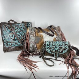 Three Assorted Tooled Leather Handbag Purses From Patricia Nash And Myra Bag