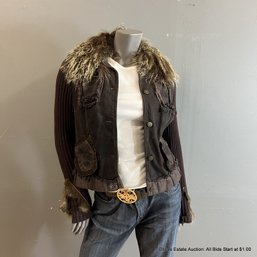 Dressline Distressed Denim Jacket With Faux Fur Detail And Cotton Sleeves, Women's Size Medium