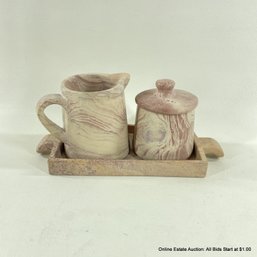 Carved Stone Creamer And Sugar Set With Tray