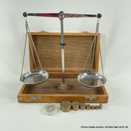 Vintage Scale Balance With Weights In Wooden Storage Box