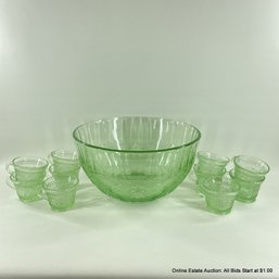 Vaseline Glass Punchbowl With 10 Cups