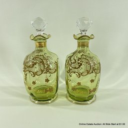 Pair Of Small Painted Decanters With Crystal Cut Stoppers