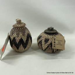 2 Small Zulu Woven Lidded Herb Baskets