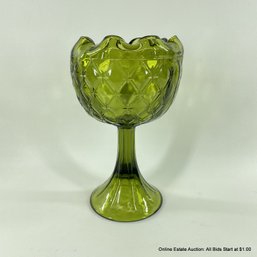 Vintage Green Indiana Glass Pedestal Candy Compote With Ruffle Edge