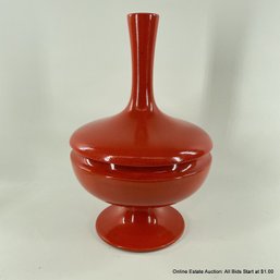 Mid Century Modern Red Ceramic Decorative Pedestal Bowl With Lid