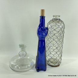 Assorted Bottles: Blue Glass Cat, Stoppered Decanter, Wire-covered Bottle