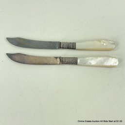 Pair Of Small Knives With Sterling Collets And Mother Of Pearl Handles