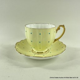Victoria Fine Bone China Cup And Saucer Yellow With Teal Polka Dots