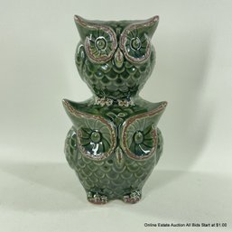 Green Glazed Ceramic Contemporary Stacked Owl Vase With Distressed Look